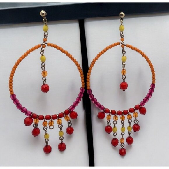 Bohemian Multicolor Beaded Hoop Earrings With Dangling Beads Colorful 80s - Picture 1 of 6